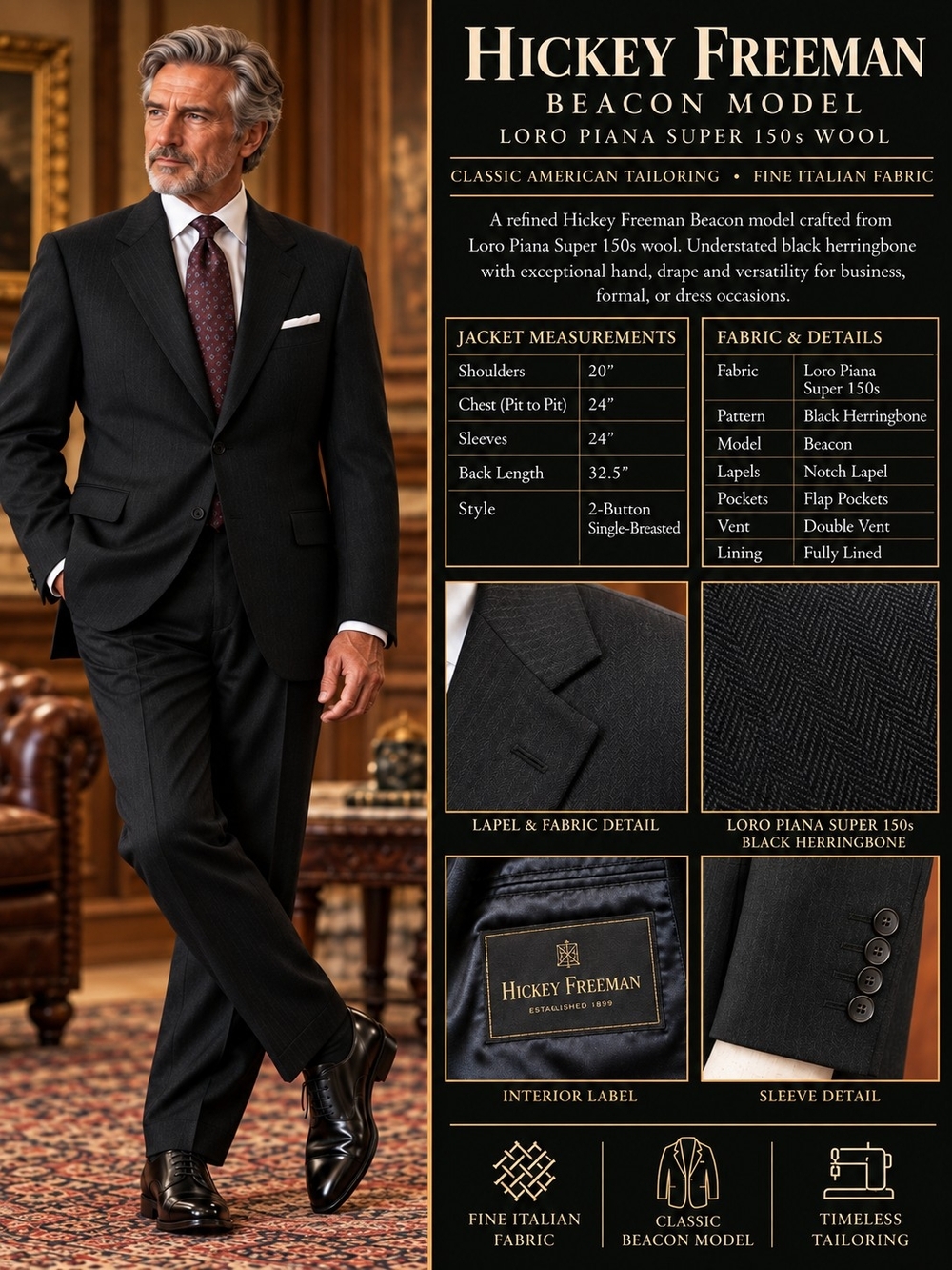Hickey Freeman Beacon Loro Piana Super 150s Black Herringbone Blazer